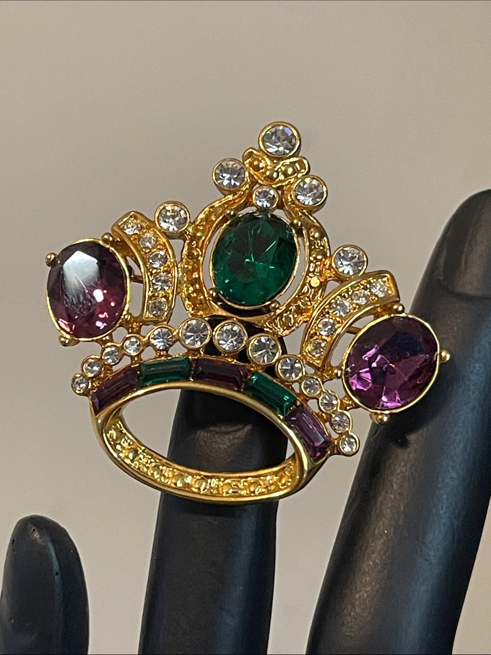 Vintage “Mardi Gras” Gold Tone & Rhinestone Crown Brooch